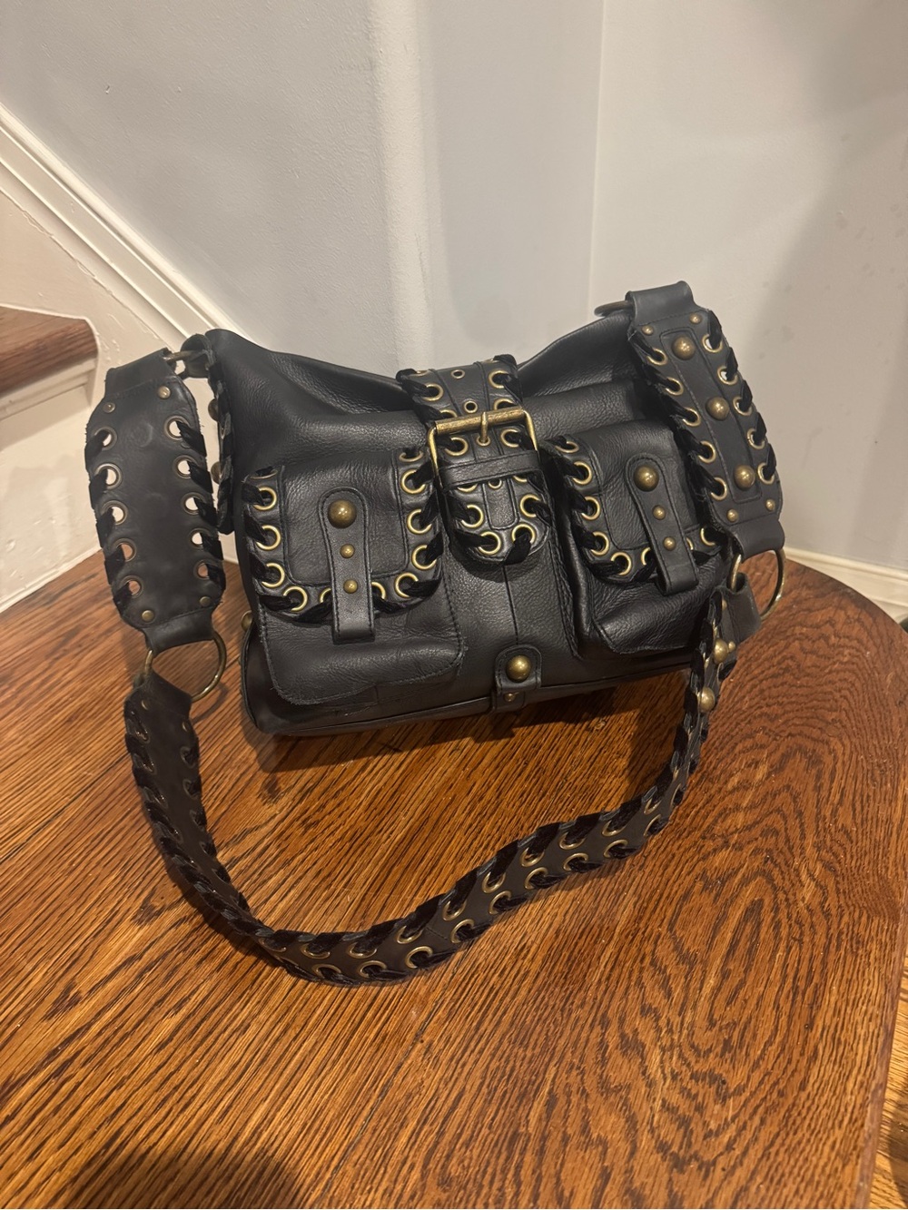 Y2K Betsey Johnson Black Leather Grommet Velvet Laced Shoulder Bag